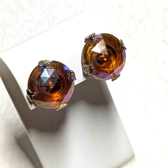 Vintage Vogue Amber Carnival Glass Button Clip Earrings - Picture 2 of 8